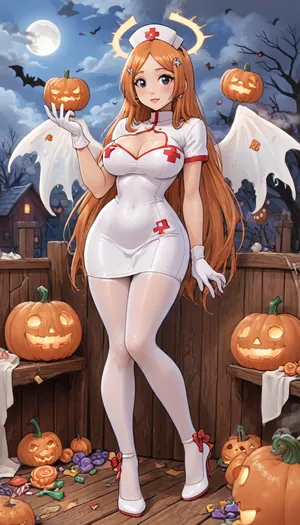 (innv meets jack cayless style), (reiq style, masterpiece, cel-shaded, limited color palette), (((beautiful perfect sexy Inoue Orihime from Bleach anime body:1.5))), (1girl, solo, alone, 18 year old woman), ((big curves anime body)), (big curves anime body), (gorgeous, seductive face, long hair, perfect ads, perfect breast, muscles body, muscles arms, perfect hands, muscles legs, perfect ass, sweaty body), (((Spicy Nurse dress Halloween Costume), (Nurse hat), (angels wings), (Nurse gloves), (tight Nurse pantyhose), (Nurse Halloween high heel shoes))), (trick or treat pose), (Halloween Candy, ghost, jack o lanterns pumpkins, candy, blood, moon, steam, wood, smoke, sauna background), ultraviolet light, LoL, Style, cute, doodle, 1girl, orange, hair, ornament, white, dress, cleavage, school, uniform, skirt, breast, <lora:LCMTurboMix_Euler_A_fix:2>, <lora:FF-Halloween-Full:2>, <lora:cutedoodle_XL-000012:2>, <lora:cartoon_stickers_xl_v1:2>, <lora:Inoue:2>
