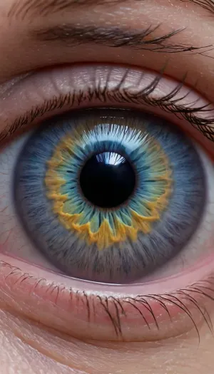 Create an extreme macro portrait photograph of a human eye photographed under controlled UV-A blacklight. The eye remains anatomically realistic. The iris contains subtle fluorescent structures that reveal patterns resembling branching biological networks. Tiny vessels, moisture droplets, eyelashes and microscopic surface textures become visible. Different portions of the iris emit subtle cyan, violet, emerald and magenta fluorescence. The cornea creates realistic reflections and refraction. The pupil remains deeply dark. Preserve realistic wetness, optical anatomy, subtle imperfections and natural skin texture around the eye. The result should feel like looking into a living microscopic galaxy while remaining completely photographic and scientifically plausible.