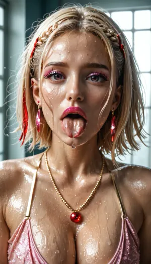 (Adult pornstar, adult pornactress doing a porno scene, adult pornoactress in a porno scene, adult woman, excessive petite, extremely gracil, Ultra skinny, petite body, excessive skinny:1), (Nishikigi Chisato, (Lycoris Recoil), (extreme close-up portrait:1.3), (face filling almost the entire frame:1.3), tightly cropped face, eyes nose and mouth framed by beautiful loose strands of hair, only face and a small part of neck visible, very little background, beautiful feminine face, refined facial features, radiant flawless skin, natural luminous complexion, subtle rosy blush, elegant pink eyeshadow, perfectly blended eye makeup, precise black eyeliner, long curled eyelashes, delicate shimmering eyeshadow, glossy rosy-pink lipstick, well-defined lips, subtle highlighter on cheekbones, perfectly groomed eyebrows, beautiful expressive eyes, elegant gold earrings, delicate dangling earrings, small sparkling gemstone ear studs, fine gold necklace barely visible at the bottom edge, silky vibrant blonde hair with her characteristic red hair ribbon, voluminous soft hair, detailed individual hair strands framing both sides of her face, elegant face-framing bangs, glossy healthy hair, sophisticated beauty styling, (mouth opened very wide:1.02), (naturally proportioned tongue extended out of the mouth:1.15), moderately extended tongue, natural tongue length and thickness, slender natural tongue shape, anatomically correct tongue, rounded tongue tip, tongue extending just beyond the lower lip, realistic moist pink tongue, natural tongue surface, (copious abundant saliva:1.13), (numerous glistening saliva strands:1.2), multiple sticky saliva strings connecting the tongue and lower lip, (heavy saliva dripping from the mouth:1), viscous saliva flowing over the lower lip, several saliva trails running down the chin, numerous visible saliva droplets, translucent saliva strands, wet glossy lips, saliva pooling at the lower lip, realistic liquid reflections, detailed wet surfaces, sharp focus on eyes and mouth, flattering soft beauty lighting, cinematic portrait lighting, delicate highlights on hair and jewelry, luminous skin highlights, soft shadows defining facial contours, professional beauty photography, shallow depth of field, ultra-detailed, best quality, masterpiece), (heavily sweating, entire body covered in perspiration, abundant visible sweat across the face, neck, shoulders, chest, cleavage, arms, abdomen and legs, glistening moist skin, beads of sweat trickling down the body, wet shiny skin, realistic perspiration, tiny sweat catching the light, damp hair strands sticking to the skin, humid atmosphere, highly detailed wet skin texture:1.21)