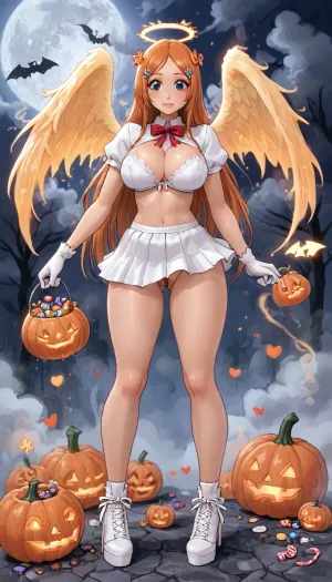 (innv meets jack cayless style), (reiq style, masterpiece, cel-shaded, limited color palette), (((beautiful perfect sexy Inoue Orihime from Bleach anime body:1.5))), (1girl, solo, alone, 18 year old woman), ((big curves anime body)), (big curves anime body), (gorgeous, seductive face, long hair, perfect ads, perfect big breast, muscles body, muscles arms, perfect hands, muscles legs, perfect big ass, hard puffy nipples, pubic hair, perfect puffy wet pussy, sweaty body), (((tight laced sexy bra see throw), (angels halo), (angels wings), (white gloves), (tight lagging), (white Halloween high heel shoes))), (hand holding a Halloween Candy bucket), (standing doing trick or treat pose), (Halloween Candy, ghost, jack o lanterns pumpkins, candy, blood, moon, nighttime, steam, wood, smoke, Halloween background), ultraviolet light, LoL, Style, cute, doodle, 1girl, orange, hair, ornament, white, dress, cleavage, school, uniform, skirt, breast, <lora:LCMTurboMix_Euler_A_fix:2>, <lora:FF-Halloween-Full:2>, <lora:cutedoodle_XL-000012:2>, <lora:cartoon_stickers_xl_v1:2>, <lora:Inoue:2>