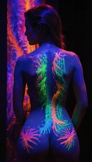 blacklight uv painted on the back of a girl depicting art in the style of monet, 1man, huge glowing dick, <lora:bl4ckl1ghtxl:.1>, blacklight, makeup, <lora:blacklight_makeup_v2:.8>, g1h3r, <lora:GigerRainbowXL:.8>