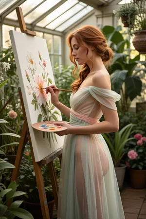 A masterpiece—a cinematic picture with many details in 8K image quality, A beautiful redhead woman embodying timeless elegance is painting a flower inside a lush greenhouse filled with vibrant greenery and delicate flowering plants. She is dressed in an elegant, flowing pastel-colored translucent white dress that drapes softly around her slender figure, exuding serenity and artistry. Her hair is styled in loose, romantic waves, framing her gentle, She carefully paints detailed flowers onto her canvas — her eyes closed in concentration — to capture the beauty of the flower. The woman's posture is poised yet natural, with one hand she hold a painting color palette while the other holds a fine brush, capturing the fine details of the blooming flower. The greenhouse is bathed in warm, dappled sunlight filtering through glass panels, creating a dreamy, luminous atmosphere. Surrounding her, various exotic plants and vibrant blossoms add rich textures and color contrasts, enhancing the scene’s lush, nurturing environment. The composition is a balanced close-up view that highlights the woman's artistic aura and the beauty of her gentle movements. The scene radiates tranquility, inspiration, and harmony with nature, styled in a romantic, impressionistic manner with soft lighting that emphasizes the delicate beauty and serenity of the moment.