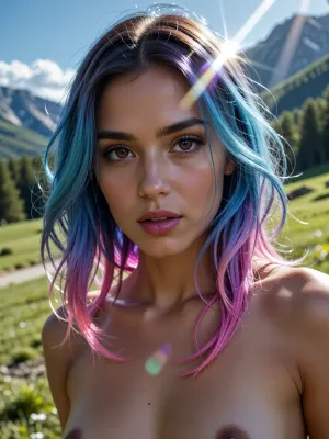 (experimental avant-garde artistic study of light and contrast), (striking low-angle closeup of a 20yo woman's brilliant brown eyes and violet pupils), (surreal scene with intense hair-glow lighting, HDR lighting, light bloom, god rays, lens flare, her hair dyed a gradient of electric blue fading into neon pink, each strand catching the ambient glow like liquid glass. The background a beautiful green landscape in the mountains.., (outdoors daylight scene), ((eye-level)), ((slender body, light brown skin, small breasts, small nipples)), (((Front view))))