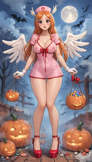 (innv meets jack cayless style), (reiq style, masterpiece, cel-shaded, limited color palette), (((beautiful perfect sexy Inoue Orihime from Bleach anime body:1.5))), (1girl, solo, alone, 18 year old woman), ((big curves anime body)), (big curves anime body), (gorgeous, seductive face, long hair, perfect ads, perfect big breast, muscles body, muscles arms, perfect hands, muscles legs, perfect big ass, hard puffy nipples, pubic hair, perfect puffy wet pussy, sweaty body), (((wide open up Spicy tight white red laced sexy nightgown see throw), (Nurse hat), (angels wings), (Nurse gloves), (tight Nurse lagging), (Nurse Halloween high heel shoes))), (hand holding a Halloween Candy bucket), (standing doing trick or treat pose), (Halloween Candy, ghost, jack o lanterns pumpkins, candy, blood, moon, nighttime, steam, wood, smoke, Halloween background), ultraviolet light, LoL, Style, cute, doodle, 1girl, orange, hair, ornament, white, dress, cleavage, school, uniform, skirt, breast, <lora:LCMTurboMix_Euler_A_fix:2>, <lora:FF-Halloween-Full:2>, <lora:cutedoodle_XL-000012:2>, <lora:cartoon_stickers_xl_v1:2>, <lora:Inoue:2>
