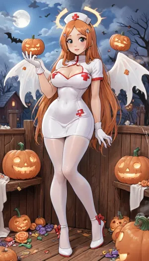 (innv meets jack cayless style), (reiq style, masterpiece, cel-shaded, limited color palette), (((beautiful perfect sexy Inoue Orihime from Bleach anime body:1.5))), (1girl, solo, alone, 18 year old woman), ((big curves anime body)), (big curves anime body), (gorgeous, seductive face, long hair, perfect ads, perfect breast, muscles body, muscles arms, perfect hands, muscles legs, perfect ass, sweaty body), (((Spicy Nurse dress Halloween Costume), (Nurse hat), (angels wings), (Nurse gloves), (tight Nurse pantyhose), (Nurse Halloween high heel shoes))), (trick or treat pose), (Halloween Candy, ghost, jack o lanterns pumpkins, candy, blood, moon, steam, wood, smoke, sauna background), ultraviolet light, LoL, Style, cute, doodle, 1girl, orange, hair, ornament, white, dress, cleavage, school, uniform, skirt, breast, <lora:LCMTurboMix_Euler_A_fix:2>, <lora:FF-Halloween-Full:2>, <lora:cutedoodle_XL-000012:2>, <lora:cartoon_stickers_xl_v1:2>, <lora:Inoue:2>