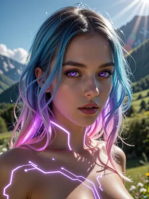 (experimental avant-garde artistic study of light and contrast), (striking low-angle closeup of a 20yo woman's brilliant violet eyes and violet pupils), (surreal scene with intense hair-glow lighting, HDR lighting, light bloom, god rays, lens flare, her hair dyed a gradient of electric blue fading into neon pink, each strand catching the ambient glow like liquid glass. The woman is sexually highly aroused. In her skin is overlaid with iridescent circuitry that pulses with a soft violet light, The background a beautiful green landscape in the mountains.., (outdoors daylight scene), ((eye-level)), ((slender body, light brown skin, small breasts)), (((Front view, head only))))