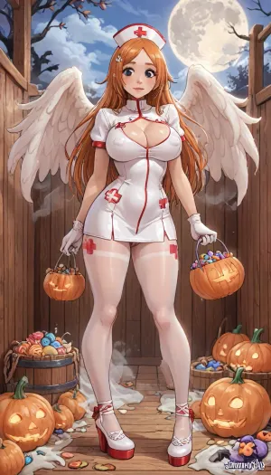 (innv meets jack cayless style), (reiq style, masterpiece, cel-shaded, limited color palette), (((beautiful perfect sexy Inoue Orihime from Bleach anime body:1.5))), (1girl, solo, alone, 18 year old woman), ((big curves anime body)), (big curves anime body), (gorgeous, seductive face, long hair, perfect ads, perfect big breast, muscles body, muscles arms, perfect hands, muscles legs, perfect big ass, hard puffy nipples, pubic hair, perfect puffy wet pussy, sweaty body), (((Spicy tight Nurse laced sexy underwear Costume), (Spicy tight Nurse laced sexy thong), (Nurse hat), (angels wings), (Nurse gloves), (tight Nurse pantyhose), (Nurse Halloween high heel shoes))), (hand holding a Halloween Candy bucket), (standing doing trick or treat pose), (Halloween Candy, ghost, jack o lanterns pumpkins, candy, blood, moon, steam, wood, smoke, sauna background), ultraviolet light, LoL, Style, cute, doodle, 1girl, orange, hair, ornament, white, dress, cleavage, school, uniform, skirt, breast, <lora:LCMTurboMix_Euler_A_fix:2>, <lora:FF-Halloween-Full:2>, <lora:cutedoodle_XL-000012:2>, <lora:cartoon_stickers_xl_v1:2>, <lora:Inoue:2>