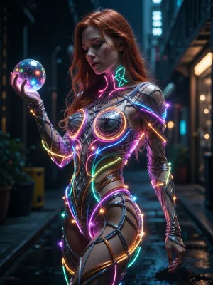 Picture a captivating, dreamlike scene, a glowing, (luminous female figure made of intricately woven multicolored wires:1.5), Long redhead hair, Holding a colorful glowing orb in her right hand, bathed in the radiant glow of neon lights, standing amidst the darkness of a city street. Describe the intricate details of this extraordinary image, including the subtle nuances of colour, texture, and atmosphere that evoke a sense of enchantment and mysticism around this striking, graceful figure, as if she were a living embodiment of electricity and wonder.