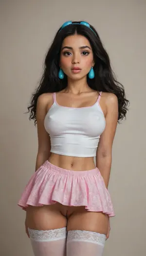 (jasmine from disney:2), (brown skin:1.3), perfect skin, extremely beautiful face, blush, freckles, full lips, thick lips, ultra high details, award winning photo, breasts, hips, super waist, perfect anatomic body, erect nipples, (comically hyper puffy swollen vulva:1.3), puffier, (excessive hyper pronounced puffy swollen labia:1.3), over sized vulva, thick eyelashes, long eyelashes, blushing, pink lips, glossy lips, attractive face, perfect nose, round cheeks, beautiful woman, hinata, sexy, model, pretty face, hyper realistic, perfect eyes, best detailed hair, micromini skirt, tight tanktop, stockings, g string, engorged breast