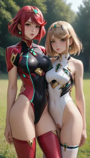 (Melkor mancin meets markgavatino style), reiq style, Cel-shaded, inked lineartalone, score_9, score_8_up, score_7_up, ((photorealism)), 4k, highly detailed, 4K, UHD, masterpiece, best quality, 2women, (lesbian couple), (pyra and mythra from xenoblad chronicles), standing in a green meadow on an alien planet, bathed in the rays of the setting sun. 2girl, (1.8), seductive action poses together, ((Pyra from Xenoblade Chronicles)), (Xenoblade Chronicles franchise), fair skin, long red hair, small breasts, shaved pussy, clitoral hood present, spandex red thigh high stocking with black and green highlights, red skin tight spandex leotard crotchless and cupless exposing breasts, ((Mythra)), light skin, petite body, long blonde hair, vaginal, detailed, spandex white thigh high stocking with black and green highlights, white skin tight spandex leotard crotchless and cupless exposing breasts, meadow on alien planet, high resolution, realistic photography, shallow depth of field, professional portrait. Stable Diffusion / Midjourney / SDXL., very detailed image, 4k image ultra realistic, 8K, photo realisticSDXL_BetterFaces-LoRA_v1.5, (music_), <lora:Style_eyes _and_hair_XL-v2:.8>, <lora:mk_Bp Anime_xl:1.4>, <lora:lineartSDXL:2>, <lora:EnvyBeautyXL01:2>, <lora:checkpoint-e18_s306:1.5>