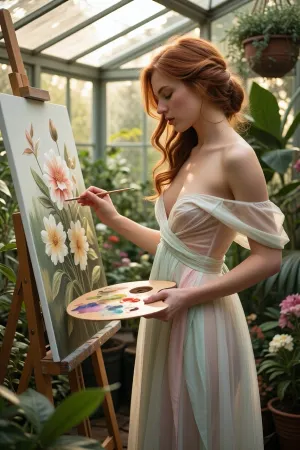 A masterpiece—a cinematic picture with many details in 8K image quality, A beautiful redhead woman embodying timeless elegance is painting a flower inside a lush greenhouse filled with vibrant greenery and delicate flowering plants. She is dressed in an elegant, flowing pastel-colored translucent white dress that drapes softly around her slender figure, ((let her breast shine throu)), exuding serenity and artistry. Her hair is styled in loose, romantic waves, framing her gentle, She carefully paints detailed flowers onto her canvas — her eyes closed in concentration — to capture the beauty of the flower. The woman's posture is poised yet natural, with one hand she hold a painting color palette while the other holds a fine brush, capturing the fine details of the blooming flower. The greenhouse is bathed in warm, dappled sunlight filtering through glass panels, creating a dreamy, luminous atmosphere. Surrounding her, various exotic plants and vibrant blossoms add rich textures and color contrasts, enhancing the scene’s lush, nurturing environment. The composition is a balanced close-up view that highlights the woman's artistic aura and the beauty of her gentle movements. The scene radiates tranquility, inspiration, and harmony with nature, styled in a romantic, impressionistic manner with soft lighting that emphasizes the delicate beauty and serenity of the moment.