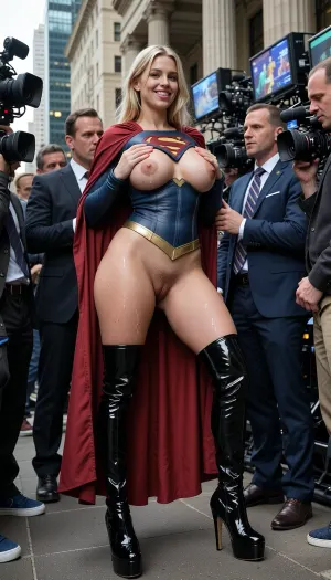 masterpiece, high quality image, realistic skin, realistic pores, score_9, score_8_up, full view, a slutty degraded version of supergirl, only wearing a long cape and super tight plateau latex high heel overknee boots with toe cutouts and stiletto heels, sexy toes, huge tits, realistic gaping open drenching wet vagina, posing for a commercial with city officials standing lined up side by side in front of a huge array of tv cameras and reporters from around the world, presenting her new costume designed by the city, she is smiling towards one of them, her arms around her left and right neighbour, they touch her tits legs ass and pussy
