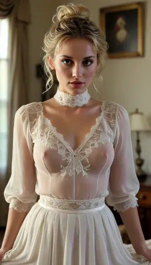 2000's housewife, 27 years old, curvy, long neck, choker, tall long legs, sexy blond bob with sexy wild messy bun, high bouffant hairstyle, black roots showing on her scalp, braless, wearing a white sheer, delicate blouse with delicate lace embroidery, (huge very dark areolas and nipples showing and poking through her blouse:.5), very long, pleated, ivory, sheer aline skirt, heals, <lora:MJ52:.8>, <lora:bralessSDXL_v1_00022:.8>