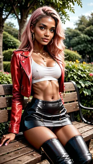 (Adult pornstar, adult pornactress doing a porno scene, adult pornoactress in a porno scene, adult woman, excessive petite, extremely gracil, Ultra skinny, petite body, excessive skinny:1.26), (original, 1girl, breasts, dark skin, pink hair, skirt, thighhighs, crossed legs, sitting, dark-skinned female, leather, jacket, jewelry, blue eyes, solo, long hair, outdoors, leather jacket, necklace, shiny clothes, red tiny short mini microskirt, short microskirt, red jacket, bench, gyaru, cleavage, latex, black thighhighs, plaid skirt, boots, tree, plaid clothes, day, large breasts, looking to the side, medium breasts, thigh boots, thighs, long sleeves, ai-generated, rating, s:1.2)