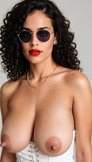 Portrait, ((long black curly hair)), side-swept hair, gold necklace, dark black eyeliner, long flat very sagging breasts, White corset, big nipple Piercings, puffy, (dark wide nipples, wide areolas), black sunglasses, Red lipstick., <lora:Nipples XL:1.7>