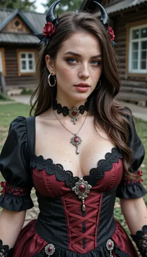 Russian village beautiful curvy 42 years old, (()), earrings, very bright makeup, Gothic style, freckles, full body, necklace