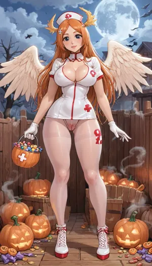 (innv meets jack cayless style), (reiq style, masterpiece, cel-shaded, limited color palette), (((beautiful perfect sexy Inoue Orihime from Bleach anime body:1.5))), (1girl, solo, alone, 18 year old woman), ((big curves anime body)), (big curves anime body), (gorgeous, seductive face, long hair, perfect ads, perfect big breast, muscles body, muscles arms, perfect hands, muscles legs, perfect big ass, hard puffy nipples, pubic hair, perfect puffy wet pussy, sweaty body), (((Spicy tight Nurse laced sexy underwear Costume), (Spicy tight Nurse laced sexy thong), (Nurse hat), (angels wings), (Nurse gloves), (tight Nurse pantyhose), (Nurse Halloween high heel shoes))), (hand holding a Halloween Candy bucket), (standing doing trick or treat pose), (Halloween Candy, ghost, jack o lanterns pumpkins, candy, blood, moon, steam, wood, smoke, sauna background), ultraviolet light, LoL, Style, cute, doodle, 1girl, orange, hair, ornament, white, dress, cleavage, school, uniform, skirt, breast, <lora:LCMTurboMix_Euler_A_fix:2>, <lora:FF-Halloween-Full:2>, <lora:cutedoodle_XL-000012:2>, <lora:cartoon_stickers_xl_v1:2>, <lora:Inoue:2>