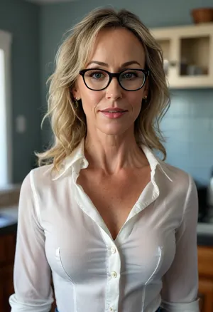 Realistic, solo, 3/4 body portrait, view from the front, older woman, detailed skin, wrinkles, blonde milf, big tits, pornstar Brandi Love look-a-like, (Brandi Love), wearing librarian-style-eyeglasses, wearing a tight-collared-blouse, blouse shows generous cleavage, white-silk blouse, (detailed blouse), wearing tight-high-waisted-blue-jeans, faded-blue-jeans, mom jeans, (detailed jeans), kitchen background, natural lighting, <lora:MJ52:.8>