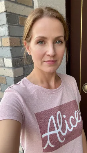 I’m Alice.
The photo shows a middle‑aged woman taking a selfie at the corner of a building.
She has light hair with a warm blonde hue, her hairstyle is simple&nbsp;—&nbsp;the hair is neatly pulled back, with a few strands gently framing her face. Her facial features are calm and well‑proportioned, a forehead of medium height, eyebrows of a natural shape, not too wide, slightly arched. Judging by the angle, her eyes are light in colour, (possibly grey‑green or hazel), her gaze is direct, neutral, with a slight focus. The nose is straight, of medium length, without any pronounced features. The lips are closed, with a soft contour, the facial expression is calm, without a smile, and the overall demeanor is balanced. There are small, understated earrings on the ears, barely noticeable.
The woman is wearing a casual T‑shirt in light pink with a melange effect. On the chest, there is a large graphic print, stylized white letters on a dark pink textured insert with a fine dot pattern. The T‑shirt has a loose fit, short sleeves, and a round neckline.
The pose is relaxed, the body is slightly turned towards the camera, the arm is extended forward — a typical selfie angle.
In the background — a corner of a wall made of light-colored facing brick with gray joints, on the right — a fragment of a dark-brown door with a thin golden decorative line and part of the round hardware. The lighting is natural, daylight, creating soft shadows and emphasizing the texture of the materials.