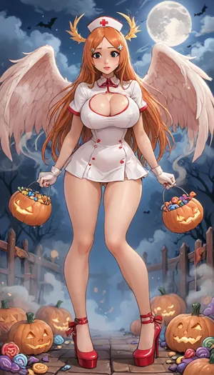 (innv meets jack cayless style), (reiq style, masterpiece, cel-shaded, limited color palette), (((beautiful perfect sexy Inoue Orihime from Bleach anime body:1.5))), (1girl, solo, alone, 18 year old woman), ((big curves anime body)), (big curves anime body), (gorgeous, seductive face, long hair, perfect ads, perfect big breast, muscles body, muscles arms, perfect hands, muscles legs, perfect big ass, hard puffy nipples, pubic hair, perfect puffy wet pussy, sweaty body), (((wide open up Spicy tight white red laced sexy bodysuit see throw), (Nurse hat), (angels wings), (Nurse gloves), (tight Nurse lagging), (Nurse Halloween high heel shoes))), (hand holding a Halloween Candy bucket), (standing doing trick or treat pose), (Halloween Candy, ghost, jack o lanterns pumpkins, candy, blood, moon, nighttime, steam, wood, smoke, Halloween background), ultraviolet light, LoL, Style, cute, doodle, 1girl, orange, hair, ornament, white, dress, cleavage, school, uniform, skirt, breast, <lora:LCMTurboMix_Euler_A_fix:2>, <lora:FF-Halloween-Full:2>, <lora:cutedoodle_XL-000012:2>, <lora:cartoon_stickers_xl_v1:2>, <lora:Inoue:2>
