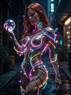 Picture a captivating, dreamlike scene, a glowing, (luminous female figure made of intricately woven multicolored wires:1.5), Long redhead hair, Holding a colorful glowing orb in her right hand, bathed in the radiant glow of neon lights, standing amidst the darkness of a city street. Describe the intricate details of this extraordinary image, including the subtle nuances of colour, texture, and atmosphere that evoke a sense of enchantment and mysticism around this striking, graceful figure, as if she were a living embodiment of electricity and wonder.