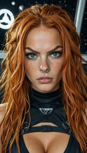 woman, female, 25 years old, long ginger hair, messy hairstyle, green eyes, freckles, uggly, angry, muscular, pokies, extrem deep cleavage, eye contact, cyber punk, in space, dark starship, uggly window, stars, high detailed, close to face, portrait, nose ring, nose piercing, <lora:style_lora_realis:.8>, <lora:dark:.8>