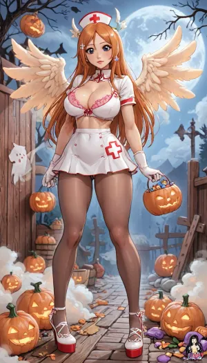 (innv meets jack cayless style), (reiq style, masterpiece, cel-shaded, limited color palette), (((beautiful perfect sexy Inoue Orihime from Bleach anime body:1.5))), (1girl, solo, alone, 18 year old woman), ((big curves anime body)), (big curves anime body), (gorgeous, seductive face, long hair, perfect ads, perfect big breast, muscles body, muscles arms, perfect hands, muscles legs, perfect big ass, hard puffy nipples, pubic hair, perfect puffy wet pussy, sweaty body), (((Spicy tight Nurse laced sexy underwear bra), (Spicy tight Nurse laced sexy thong), (Nurse hat), (angels wings), (Nurse gloves), (tight Nurse pantyhose), (Nurse Halloween high heel shoes))), (hand holding a Halloween Candy bucket), (standing doing trick or treat pose), (Halloween Candy, ghost, jack o lanterns pumpkins, candy, blood, moon, steam, wood, smoke, sauna background), ultraviolet light, LoL, Style, cute, doodle, 1girl, orange, hair, ornament, white, dress, cleavage, school, uniform, skirt, breast, <lora:LCMTurboMix_Euler_A_fix:2>, <lora:FF-Halloween-Full:2>, <lora:cutedoodle_XL-000012:2>, <lora:cartoon_stickers_xl_v1:2>, <lora:Inoue:2>