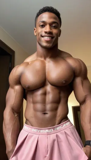 view from below, Amateur photo, 22 years old black bodybuilder, looking at the camera, smiling, massive chest, abs, slender, smooth silky long hair, showing his pecs, flawless skin, pink muscleshirt and pink skirt, giant pink-penisbulge, mirror selfie, bad illumination, focus on his
amazing slender muscled legs, shiny legs