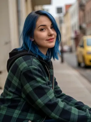 A young woman with vibrant blue hair and a nose ring, wearing a green plaid jacket, is seated outdoors, looking towards the viewer with a slight smile. Her pose is relaxed, with her arms resting on her lap. The background is an out-of-focus street scene with buildings and a yellow car. The lighting is soft and diffused, suggesting an overcast day or late afternoon. The overall image has a natural, slightly muted color palette with a sepia tone. The composition is a medium shot, focusing on the woman's upper body and face, with a shallow depth of field blurring the background. The scene is a hyperrealistic professional photography render, 8k resolution, highly detailed, photorealistic, with soft lighting.