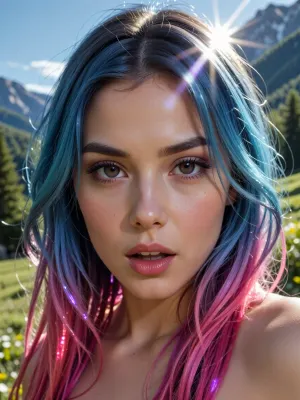 (experimental avant-garde artistic study of light and contrast), (striking low-angle closeup of a 20yo woman's brilliant brown eyes and violet pupils), (surreal scene with intense hair-glow lighting, HDR lighting, light bloom, god rays, lens flare, her hair dyed a gradient of electric blue fading into neon pink, each strand catching the ambient glow like liquid glass. The woman is sexually highly aroused. The background a beautiful green landscape in the mountains.., (outdoors daylight scene), ((eye-level)), ((Front view)))