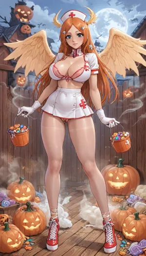 (innv meets jack cayless style), (reiq style, masterpiece, cel-shaded, limited color palette), (((beautiful perfect sexy Inoue Orihime from Bleach anime body:1.5))), (1girl, solo, alone, 18 year old woman), ((big curves anime body)), (big curves anime body), (gorgeous, seductive face, long hair, perfect ads, perfect big breast, muscles body, muscles arms, perfect hands, muscles legs, perfect big ass, hard puffy nipples, pubic hair, perfect puffy wet pussy, sweaty body), (((Spicy tight Nurse laced sexy bra), (Spicy tight Nurse laced sexy thong), (Nurse hat), (angels wings), (Nurse gloves), (tight Nurse pantyhose), (Nurse Halloween high heel shoes))), (hand holding a Halloween Candy bucket), (standing doing trick or treat pose), (Halloween Candy, ghost, jack o lanterns pumpkins, candy, blood, moon, steam, wood, smoke, sauna background), ultraviolet light, LoL, Style, cute, doodle, 1girl, orange, hair, ornament, white, dress, cleavage, school, uniform, skirt, breast, <lora:LCMTurboMix_Euler_A_fix:2>, <lora:FF-Halloween-Full:2>, <lora:cutedoodle_XL-000012:2>, <lora:cartoon_stickers_xl_v1:2>, <lora:Inoue:2>