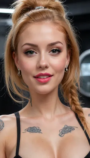 (bimbo slut:1.6), (spacecraft large control large room:1.4), (POV slightly view:1.3), (narrow innocent looking face:1.2), intense eye makeup, black eyeshadow, fake eyelashes, heavily lined eyes, thick eyeliner, red lipstick, high ponytail hair, (light very white high-tech sci-fi bdsm machine behind:1.2), (white machine up to height of breast:1.2), (young beautiful petite woman:1.2), (girl is stuck leaning forward up in a small horizontal hole with bdsm light machine behind:1.2), (lower body hidden to breasts into horizontal big machine behind:1.2), (lever rod fixed to back of head from behind:1.2), (arms behind in machine:1.2), (stuck from small horizontal rim machine behind:1.2), (Mouth stick bar:1.2), (very close mouth:1.2), (model cutie:1.8), (perfect:1.2), (slender fit skinny:1.2), (small thin waist:1.3), (tattooed wide shoulders:1.4), (she looking up:1.3), (perfect lips), (cum on face:1.3), (glowing light white massive very oversized electronic collar device around very short throat:1.2), (orange smooth silky long hair:1.2), (very large distance between rounded large spherical breasts:1.2), (tan fair very oiled skin:1.2), (very beautiful perfect face:1.2), thin beautiful eyebrows, (very gorgeous:1.2), (sexy:1.4), (nipple ring piercings:1.4), (satisfied:1.2), (tattoo:1.3), (seductive sexy makeup:1.2), (long black eyelashes:1.4), lipstick, (stunning:1.3), (dimples on cheeks:1.4), (portholes:1.1), (masterpiece:1.1), <lora:skinny11:.5>, <lora:Microwaist_XL_v01:.5>