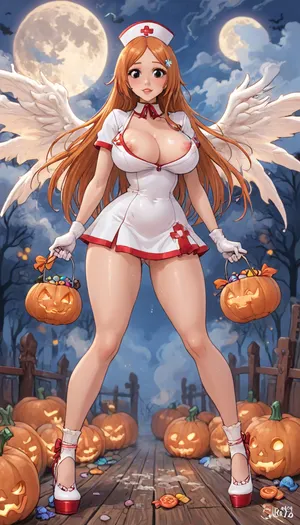 (innv meets jack cayless style), (reiq style, masterpiece, cel-shaded, limited color palette), (((beautiful perfect sexy Inoue Orihime from Bleach anime body:1.5))), (1girl, solo, alone, 18 year old woman), ((big curves anime body)), (big curves anime body), (gorgeous, seductive face, long hair, perfect ads, perfect big breast, muscles body, muscles arms, perfect hands, muscles legs, perfect big ass, hard puffy nipples, pubic hair, perfect puffy wet pussy, sweaty body), (((wide open up Spicy tight white red laced sexy bodysuit see throw), (Nurse hat), (angels wings), (Nurse gloves), (tight Nurse lagging), (Nurse Halloween high heel shoes))), (hand holding a Halloween Candy bucket), (standing doing trick or treat pose), (Halloween Candy, ghost, jack o lanterns pumpkins, candy, blood, moon, nighttime, steam, wood, smoke, Halloween background), ultraviolet light, LoL, Style, cute, doodle, 1girl, orange, hair, ornament, white, dress, cleavage, school, uniform, skirt, breast, <lora:LCMTurboMix_Euler_A_fix:2>, <lora:FF-Halloween-Full:2>, <lora:cutedoodle_XL-000012:2>, <lora:cartoon_stickers_xl_v1:2>, <lora:Inoue:2>
