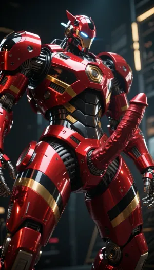 Make a picture of a futuristic Giant mecha robot in glossy red with black and gold stripes, (image size 9:16), With a shiny massive red metallic horse penis between it's legs cinematic shot, dynamic lighting, 75mm, Technicolor, Panavision, cinemascope, sharp focus, fine details, 8k, HDR, realism, realistic, key visual, film still, cinematic color grading, depth of field.