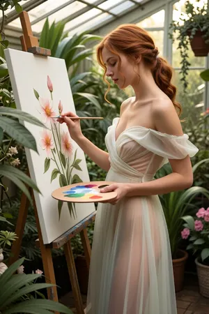 A masterpiece—a cinematic picture with many details in 8K image quality, A beautiful redhead woman embodying timeless elegance is painting a flower inside a lush greenhouse filled with vibrant greenery and delicate flowering plants. She is dressed in an elegant, flowing pastel-colored translucent white dress that drapes softly around her slender figure, exuding serenity and artistry. Her hair is styled in loose, romantic waves, framing her gentle, She carefully paints detailed flowers onto her canvas — her eyes closed in concentration — to capture the beauty of the flower. The woman's posture is poised yet natural, with one hand she hold a painting color palette while the other holds a fine brush, capturing the fine details of the blooming flower. The greenhouse is bathed in warm, dappled sunlight filtering through glass panels, creating a dreamy, luminous atmosphere. Surrounding her, various exotic plants and vibrant blossoms add rich textures and color contrasts, enhancing the scene’s lush, nurturing environment. The composition is a balanced close-up view that highlights the woman's artistic aura and the beauty of her gentle movements. The scene radiates tranquility, inspiration, and harmony with nature, styled in a romantic, impressionistic manner with soft lighting that emphasizes the delicate beauty and serenity of the moment.