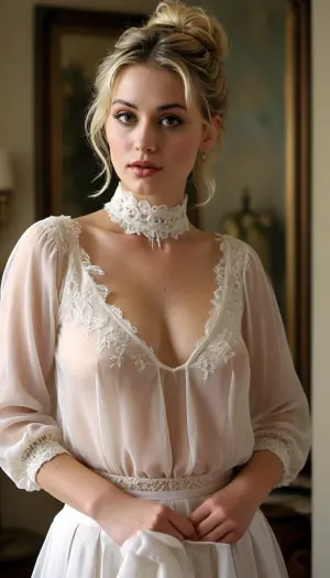 2000's housewife, 27 years old, curvy, long neck, choker, tall long legs, sexy blond bob with sexy wild messy bun, high bouffant hairstyle, black roots showing on her scalp, braless, wearing a white sheer, delicate blouse with delicate lace embroidery, (huge dark areolas and nipples showing and poking through her blouse:.5), very long, pleated, yvory, sheer aline skirt, heals, <lora:MJ52:.8>, <lora:bralessSDXL_v1_00022:.8>
