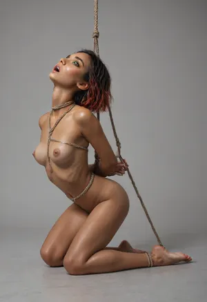 ((no background)), ((full body, half profile view)), a beautiful, small slender 18yo girl, cheekbones, amazing makeup, hourglas figure, with orange-red bob cut hair, open mouth, (deep Tanned skin 1.99), small tits, ((a rope around her throat)), (((nude, naked, bare feet))), ((hands tied behind back, feet, ((with her neck hanging on a rope above the ground)))), <lora:detailed_notrigger:1.2>, <lora:ahxl_v1:1>