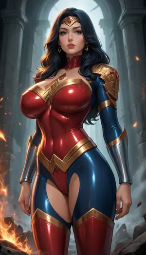 reiq style, solo, wonder woman, anthro devil, huge breasts, fully clothed metallic fully body armor