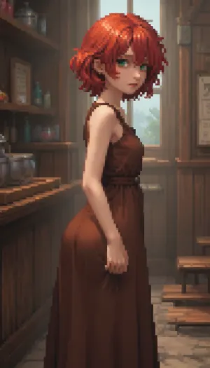 (Pixel art:1.5), stylized as a tired, Pale Ceta, twenty‑year‑old girl, Shoulder‑length hair red hair, green eyes, a round butt, small breasts, (A long dress), (a brown dress), (a medieval dress), in a tavern.

Observer from the side, view 2/3.

climbs the wooden staircase.

Retro‑style pixel aesthetic, soft halftone shades, bright colours — sprite style inspired by 16‑bit graphics, pixel art., <lora:pk_trainer_xl_v1:.8>, <lora:pixel-art-xl-v1.1:1.9>