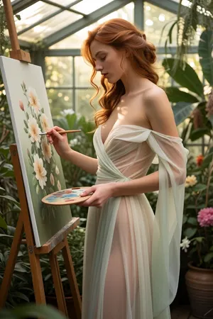 A masterpiece—a cinematic picture with many details in 8K image quality, A beautiful redhead woman embodying timeless elegance is painting a flower inside a lush greenhouse filled with vibrant greenery and delicate flowering plants. She is dressed in an elegant, flowing pastel-colored translucent white dress that drapes softly around her slender figure, let her breast shine throu, exuding serenity and artistry. Her hair is styled in loose, romantic waves, framing her gentle, She carefully paints detailed flowers onto her canvas — her eyes closed in concentration — to capture the beauty of the flower. The woman's posture is poised yet natural, with one hand she hold a painting color palette while the other holds a fine brush, capturing the fine details of the blooming flower. The greenhouse is bathed in warm, dappled sunlight filtering through glass panels, creating a dreamy, luminous atmosphere. Surrounding her, various exotic plants and vibrant blossoms add rich textures and color contrasts, enhancing the scene’s lush, nurturing environment. The composition is a balanced close-up view that highlights the woman's artistic aura and the beauty of her gentle movements. The scene radiates tranquility, inspiration, and harmony with nature, styled in a romantic, impressionistic manner with soft lighting that emphasizes the delicate beauty and serenity of the moment.