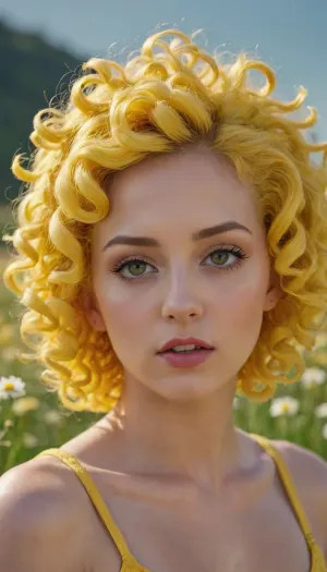 woman, Woman with yellow curly hairstyle, curly hairstyle, macaroni curls with daisy buds, minimalism, fashion photography, hyper realistic, body art style, <lora:lactation_XL_0_:.5>, <lora:Latexstraitjacket_XL_0_:.5>