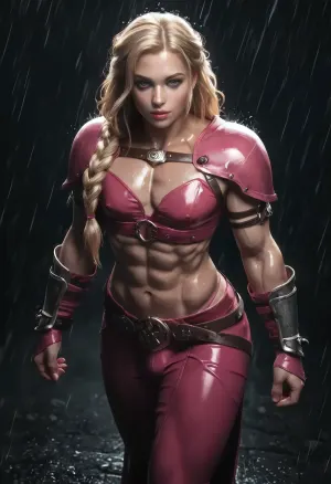 Rain and storm broken by godray from the night-sky, photorealistic drawing, Lagertha wearing a pink viking-princess outfit, pink-leater peaches-costume, 25 years old, muscled androgynous male, long blonde hair, very tall hourglass-bodyshape, braided hair with braided-bangs, very muscular top, Viking pink-raid in background with burning medieval village at coast, massive muscles, huge hands holding giant realistic doublebladed-battleaxe, (pink leather straps), ovhatt, bothnd, onehnd, front, view, side, overhead, shimmering skin, reflecting wet floor, <lora:bodybuilder:2>, <lora:dark:.8>, <lora:OverheadAttack.0.9:.8>, <lora:Microwaist_XL_v01:.8>