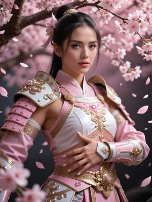 A masterpiece, a medium-shot portrait, with the highest level of detail, depicting a dazzlingly beautiful female warrior, flawless, smooth skin, expressive eyes, she wears exquisite high-fashion armor with elements of samurai armor, in pastel pink and white-and-gold tones, an elegant pose, the heroine stands beneath a blossoming pale-pink cherry blossom tree, surrounded by a whirlwind of petals swirling through the air, a soft, romantic, high-fashion atmosphere, a sublime and atmospheric setting, high resolution, photorealistic studio lighting.