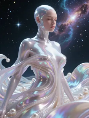 An artistic science-fiction photograph of a majestic alien goddess with ultra-smooth, flowing contours, her body merges seamlessly into swirling waves, with a glossy, translucent texture, minimalist facial features, cosmic elegance, nebulae and stars softly reflected on her smooth skin, soft, three-dimensional light, a majestic and dreamlike atmosphere