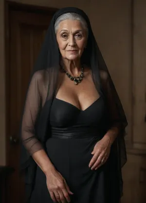 (((1 woman, solo))), professional porn photography, instagram lingerie influencer, standing posing, inside a church, (night:1.3), (chiaroscuro semidarkness:1.4), ultra detailed, ultra realistic, extremely detailed background, (((extremely aged extremely elderly ancient 90 year old native grandma:1.9))), extremely feminine, large breasts, busty, curvy, slim, (very short messy ultra-curly vivid-golden hair:1.4), extremely limp saggy wrinkled tits, (((sexy arousing modest skin-tight black ultra-sheer hyper-transcluent veiled mourning dress:1.9))), (head veil hides her face), kinky seductive smile, black sheer stockings with matching high heels, amorous lovely face, ideal slim body, Photorealistic rendering with authentic elderly skin pores and fine facial detail, realistic hair strands, natural textures and reflections, detailed architectural and textile surfaces, physically realistic, realistic chiaroscuro. No artificial beauty filter or plastic appearance. 4K, UHD, photorealistic, highly detailed, full body view, (artificially upscaled, optimized picture:1.9), (((heavy massive aging:1.9))), lustful, kinky, horny, selflessly caressing, (((slut:1.9)))