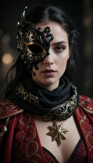 imagine a dark fantasy style portrait of a mysterious beautiful, alluring woman figure wearing an elaborate black half mask covering the left side of her perfect face with intricate gold filigree designs, ancient arcane symbols etched into the surface, worn and weathered like an ancient relic, hollow black eyes giving an ominous, enigmatic stare – richly embroidered red ceremonial robe with intricate patterns, adorned with a luxurious black scarf with detailed embroidery – golden star-shaped brooch on the chest for a touch of regal elegance – soft, blurred background with a dark, shadowy ambiance – highly detailed, gothic, ethereal, mystical atmosphere, dramatic lighting, cinematic style – 4K ultra-realistic – surreal, haunting