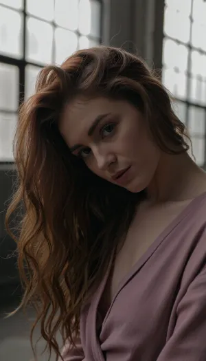A moody, natural medium portrait of a woman in front of tall industrial loft windows, backlit by pale, hazy morning light. Her hair is a wide, weightless cloud of warm reddish-auburn and muted copper, with a dry, fluffy, brushed-out bedhead texture full of fine separated strands and delicate frizz, completely free of heavy curls or glossy clumps. Soft diffused window light passes through the airy outer perimeter of her hair, creating a subtle, feathery halo. Her face rests in gentle, low-contrast shadow with pale matte skin. Tack-sharp focus on her expressive eyes and dark limbal rings, gazing softly at the camera with slightly parted lips. She wears a loosely draped, matte dusty-lavender robe. Shallow depth of field, understated natural color grading, soft film grain.