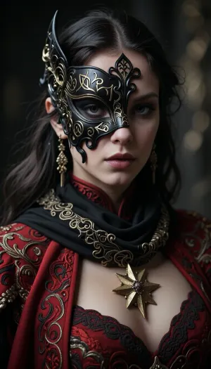 imagine a dark fantasy style portrait of a mysterious beautiful, alluring woman figure wearing an elaborate black half mask covering the left side of her perfect face with intricate gold filigree designs, ancient arcane symbols etched into the surface, worn and weathered like an ancient relic, hollow black eyes giving an ominous, enigmatic stare – richly embroidered red ceremonial robe with intricate patterns, adorned with a luxurious black scarf with detailed embroidery – golden star-shaped brooch on the chest for a touch of regal elegance – soft, blurred background with a dark, shadowy ambiance – highly detailed, gothic, ethereal, mystical atmosphere, dramatic lighting, cinematic style – 4K ultra-realistic – surreal, haunting