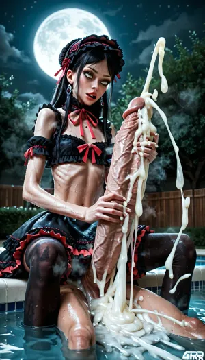 (ultra skinny, lolita_like:1.42), (urd from oh my goddess, 1boy, gigantic hughe enormously massive cock, both hands handjob, femdom, looking down, rolling eyes, hyper excessive cum stream, moon, musk, sweaty, ourside pool, sitting side by side, ultra tiny, barely ultra short miniskirt, front view, male grabbing breast, naked, with black stockings, with legs spread wide open:1.15)