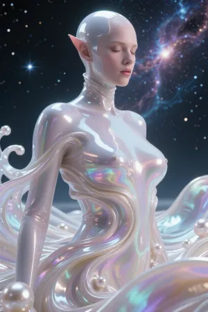 An artistic science-fiction photograph of a majestic alien goddess with ultra-smooth, flowing contours, her body merges seamlessly into swirling waves, with a glossy, translucent texture, minimalist facial features, cosmic elegance, nebulae and stars softly reflected on her smooth skin, soft, three-dimensional light, a majestic and dreamlike atmosphere